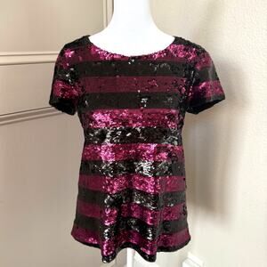 Alice + Olivia Striped Sequin Scoop Neck Short Sleeve T-Shirt Top Women’s Sz L